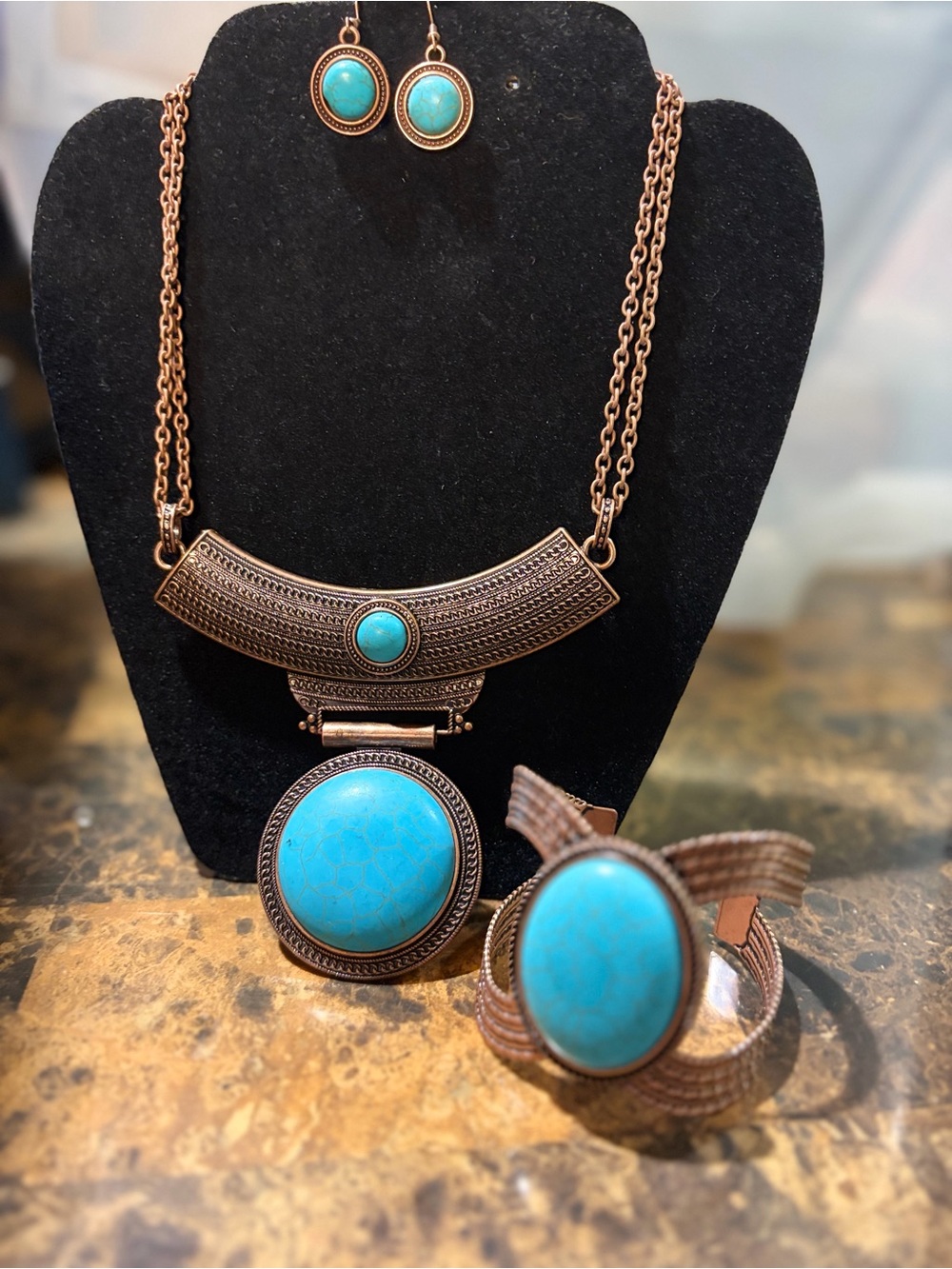 Turquoise Statement Necklace, Bracelet & Earring Set - Boho Copper